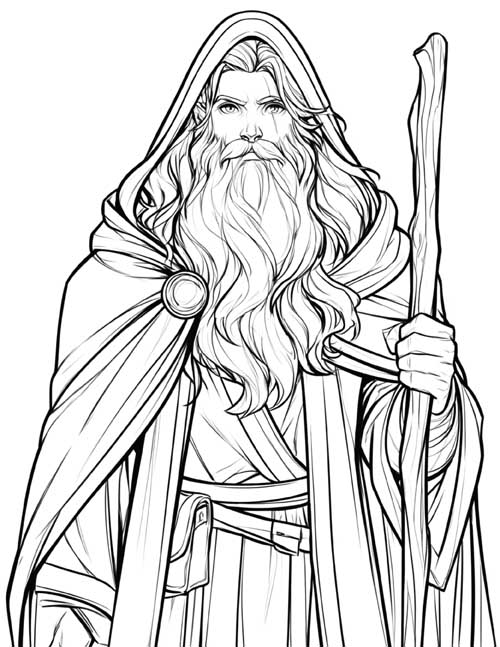 Bold lines coloring page of a druid with a scar, long beard and a staff