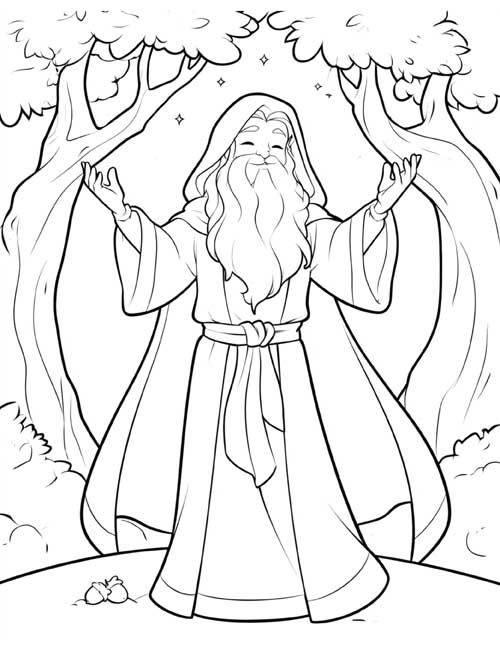 Cartoon coloring page of a smiling druid with his arms raised in the forest