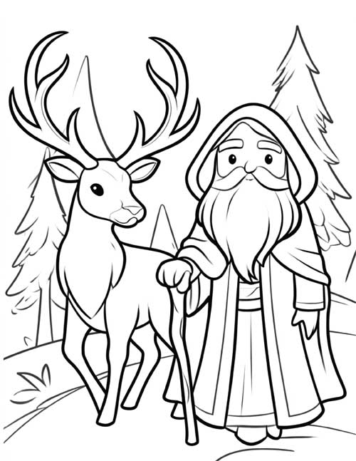 Cartoon coloring page of an old druid walking with a stag