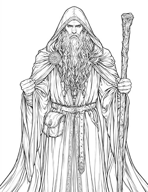 Detailed coloring page of a stern druid with a staff and a leather pouch