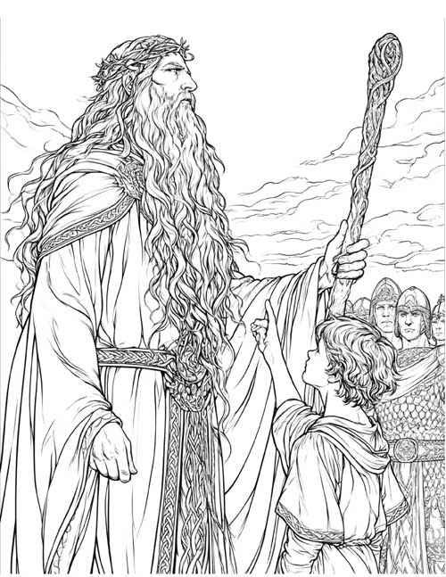 Detailed coloring page of Cathbad the druid with young Cu Chulainn and warriors