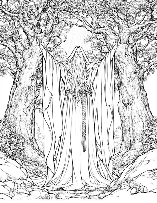 Detailed coloring page of a druid raising his arms between two old oak trees