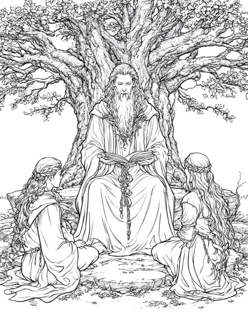 Detailed coloring page of a druid reading to two students under a big tree