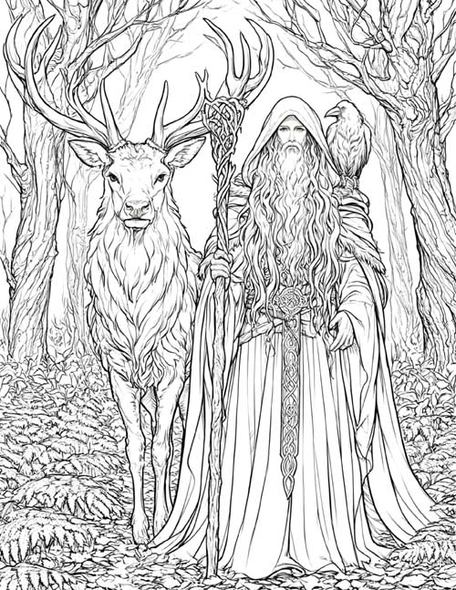 Detailed coloring page of a druid with a stag and a raven in the forest