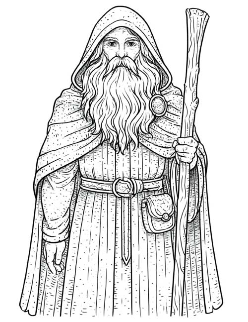 Engraving style stippled coloring page of a druid with a staff