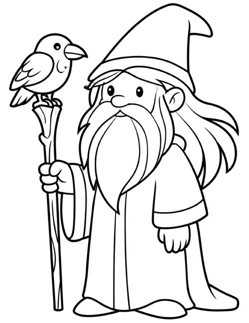 Simple preschool coloring page of a druid with a raven on his staff