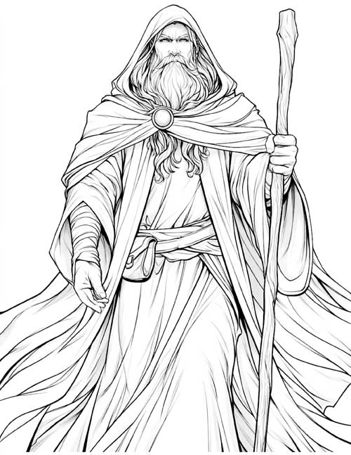 Coloring page of a druid in a hooded cloak holding a staff