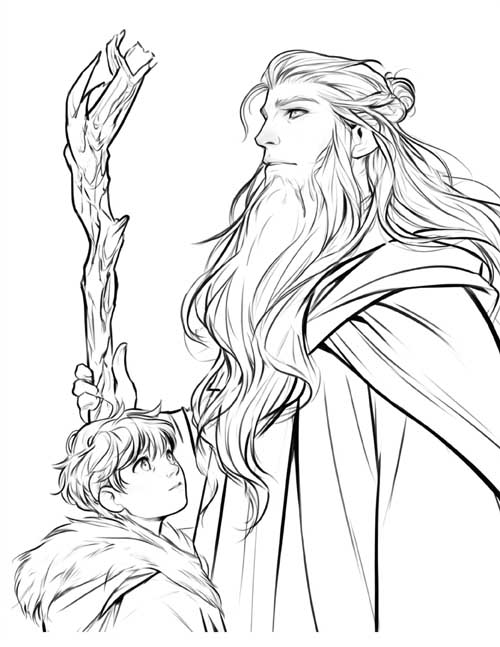 Sketch style coloring page of Cathbad the druid with a young boy
