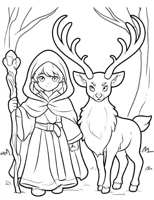 Coloring page of a young druid in a hooded cloak with a stag