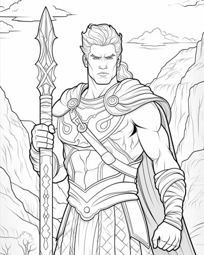 coloring page of the Celtic god, Lugh holding a spear
