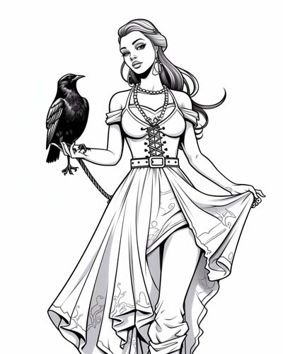 Morrigan and a raven coloring page