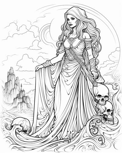 coloring page of The Morrigan gazing over a battlefield