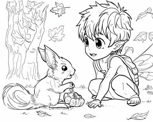 folklore coloring page of Puck and a squirrel