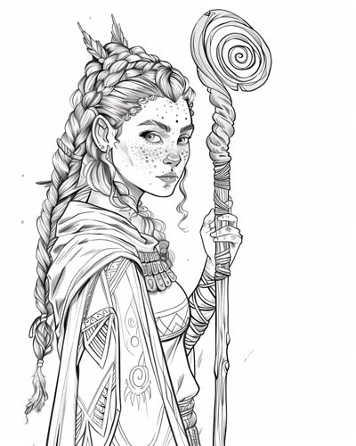 druid girl with a spiral staff coloring page
