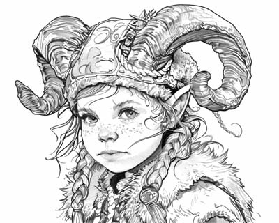 Celtic girl wearing ram horns coloring page