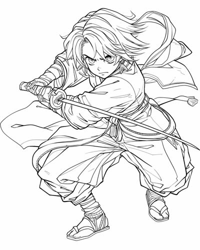 coloring page of a Samurai Samurai with a katana
