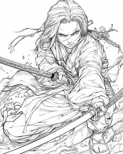 coloring page of a Samurai ready for a fight