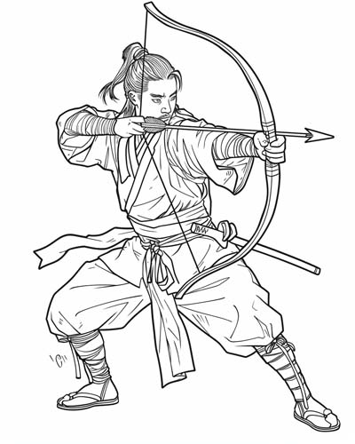 coloring page of a Samurai practicing archery