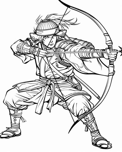 coloring page of a Samurai practicing archery