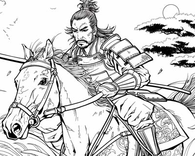 coloring page of a Samurai riding a horse