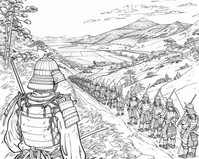 coloring page of a Samurai army