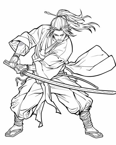 coloring page of a Samurai Samurai with a katana