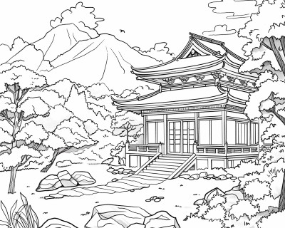 feudal Japanese countryside coloring page