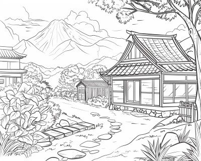 feudal Japanese countryside coloring page