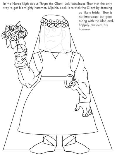 Norse Mythology coloring pages - Thor dressed as a bride with some text from the story Thrym and the Giant