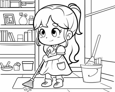 coloring page of Pina cleaning the house