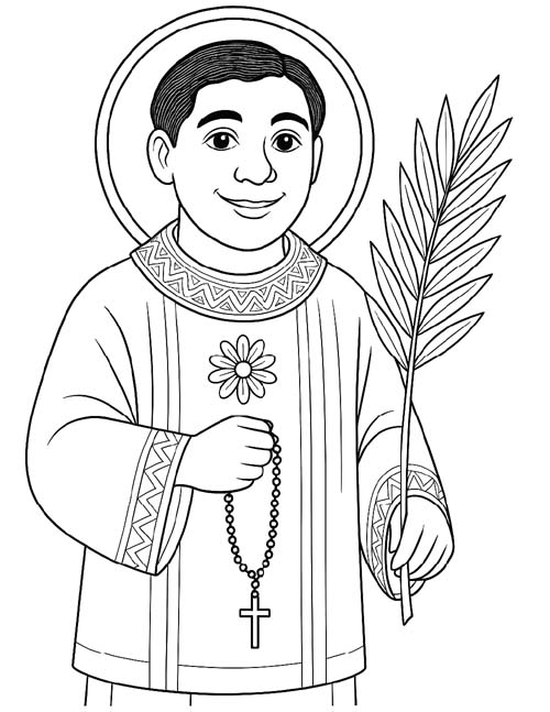 coloring page of St Lorenzo holding a palm leaf and rosary