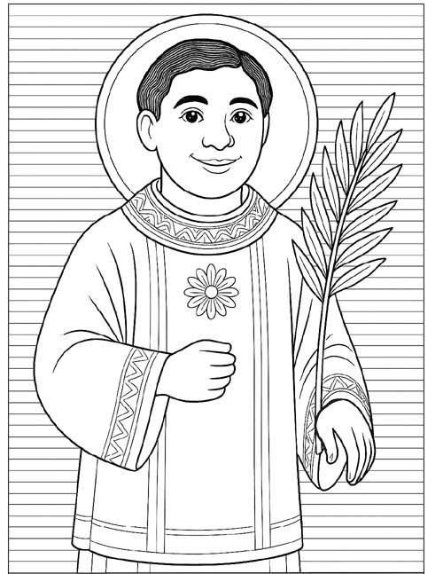 coloring page of St Lorenzo holding a palm leaf