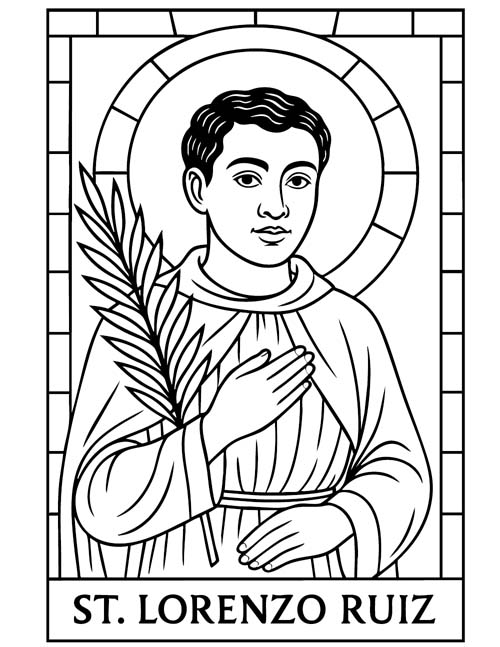 stained glass coloring page of St Lorenzo Ruiz, the patron saint of the Philippines