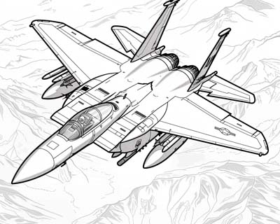 coloring page of a fighter jet flying through the Mach Loop in Wales