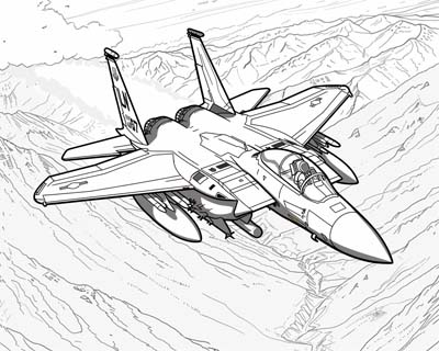 coloring page of a fighter jet flying through the Mach Loop in Wales