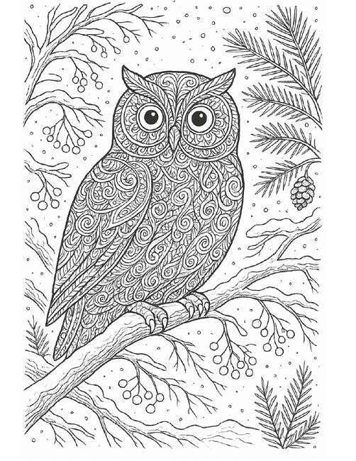 winter owl coloring page for adults