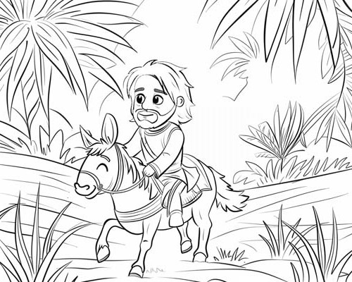 coloring page of Jesus riding on a donkey