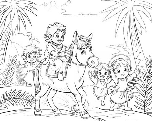 coloring page of Jesus riding on a donkey with the children