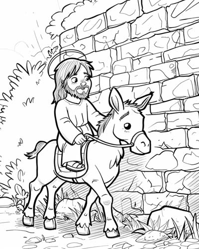coloring page of Jesus riding by the walls of Jerusalem