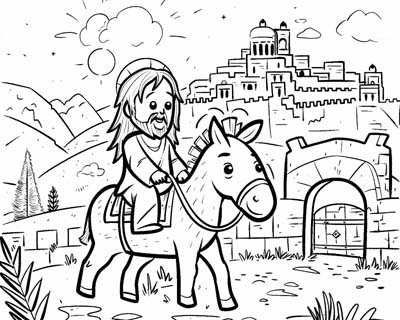 coloring page of Jesus riding by the gates of Jerusalem
