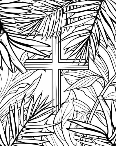 coloring page of the cross and palm fronds