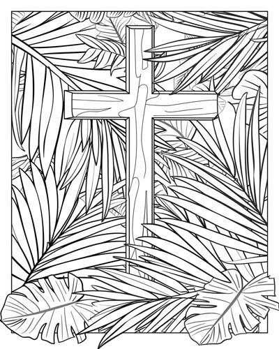 coloring page of the cross and palm fronds
