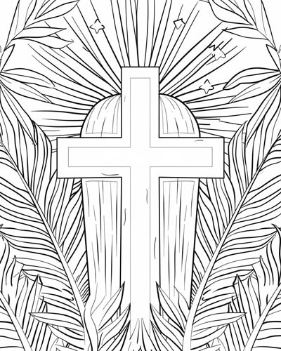coloring page of the cross and palm fronds