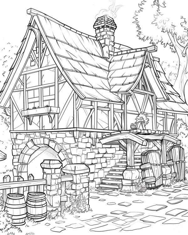 coloring page of a Medieval inn