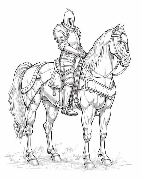 coloring page of a knight and his horse