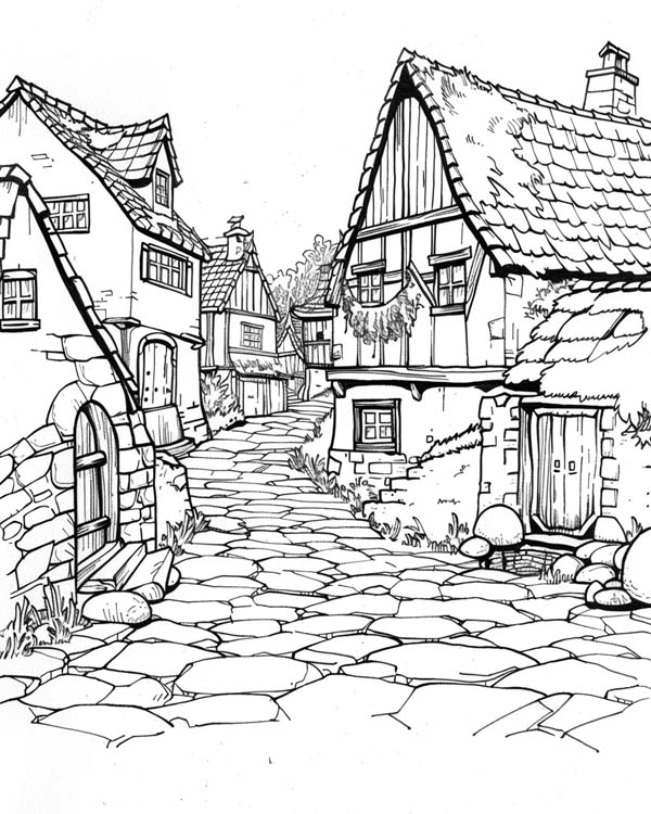 coloring page of a village