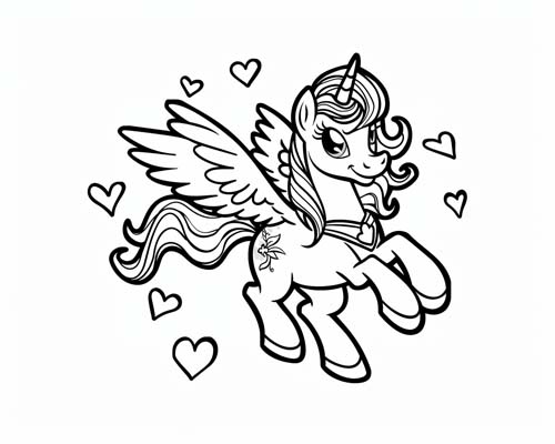 cartoon coloring page of a My Little Pony style alicorn