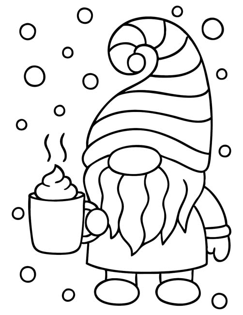 easy preschool coloring page of a cute gnome holding a winter drink
