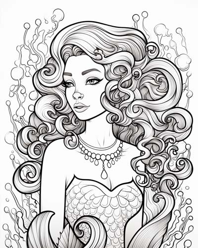 coloring page of an elegant merrow 