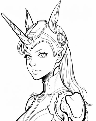 coloring page of a cyborg unicorn